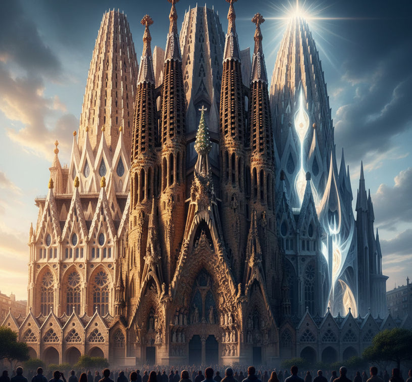 Nativity and Passion façades of Sagrada Família showing the biblical journey in sculpture