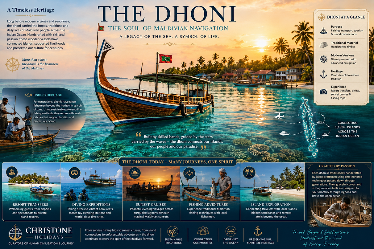 Educational infographic showcasing the traditional Maldivian dhoni sailing across a turquoise lagoon at sunset, highlighting its role in fishing, island transportation, diving expeditions, resort transfers, maritime heritage, and Maldivian culture.