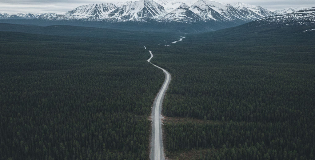 Epic aerial drone photograph, wide-angle. The Kolyma Highway, a single lane of grey gravel, winds dramatically through an immense, empty landscape of dark green Siberian taiga and snow-capped mountains under a moody, overcast sky. Sense of immense scale, solitude, and a journey into the wilderness.