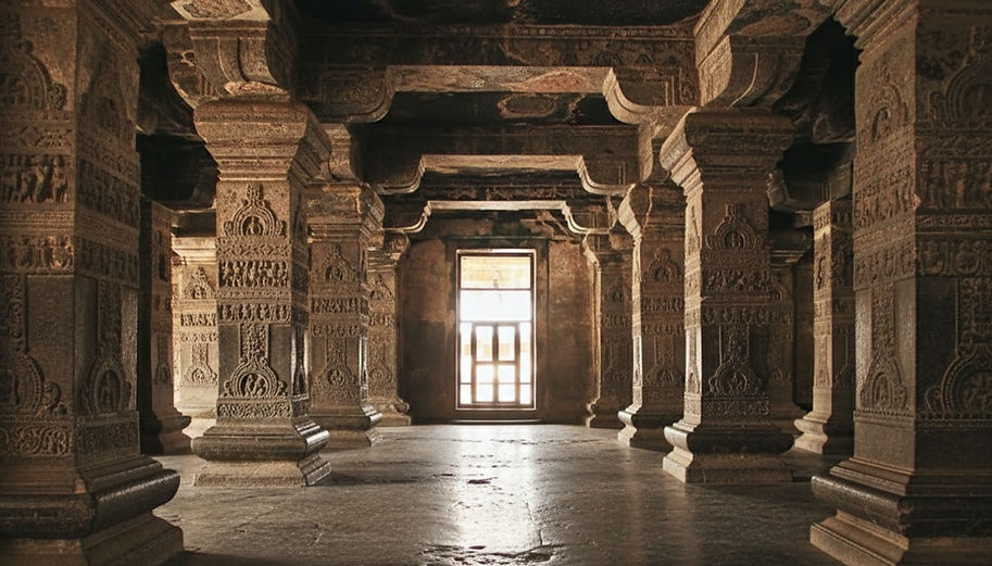 Kailasa Temple at Ellora Caves, an ancient monolithic rock-cut temple complex carved from basalt cliffs in Maharashtra, India.