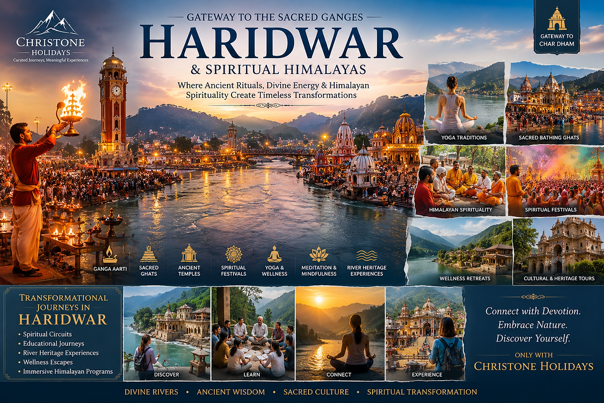 Haridwar spiritual tourism collage featuring Ganga Aarti, sacred ghats, yoga traditions, Himalayan wellness retreats, temples, meditation experiences, and river heritage landscapes in Uttarakhand.