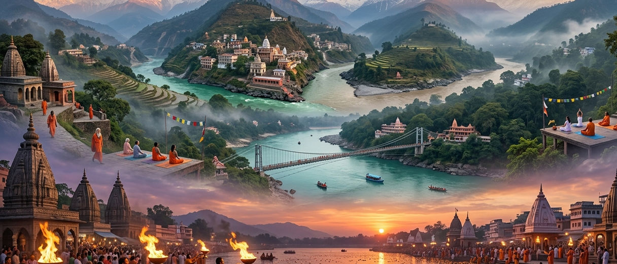 The Ganga Spiritual Corridor featuring Himalayan foothills, sacred river landscapes, spiritual rituals, and Garhwal mountain scenery.
