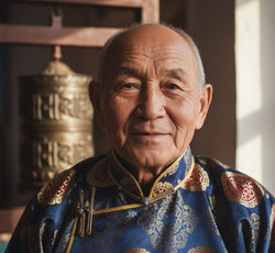 Living Ancient Cultures-Close-up portrait of a smiling Tuvan elder in traditional dress, representin