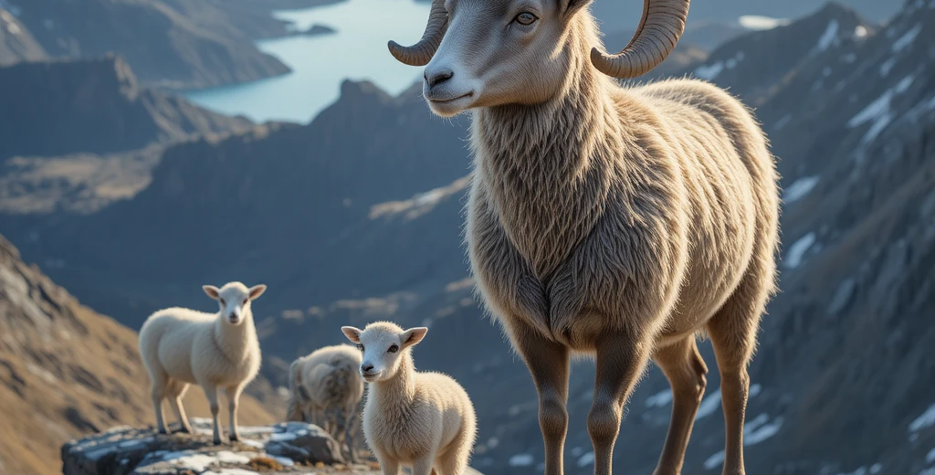Putorana snow sheep ram with thick curled horns standing on rocky outcrop with dramatic plateau landscape of cliffs, canyons, and lakes far below under golden Arctic light.