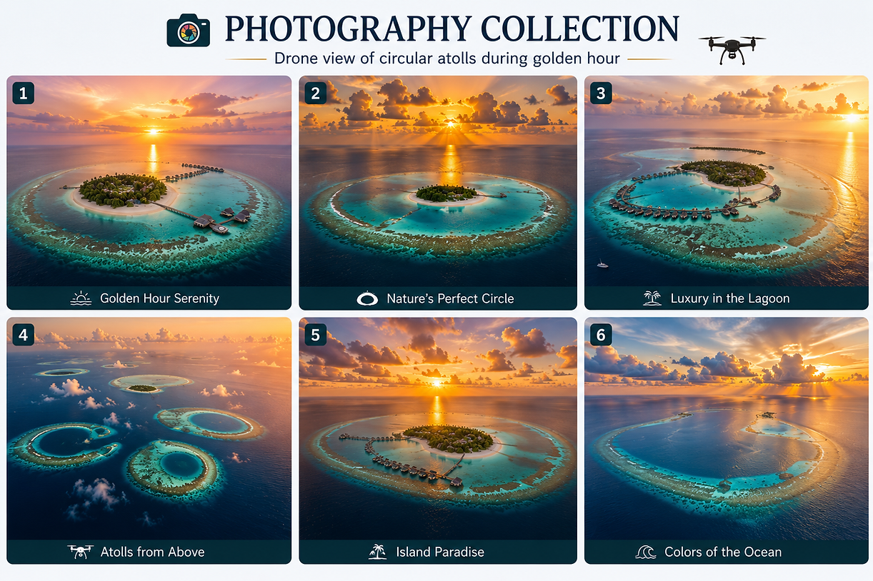 Photography Collection showcasing breathtaking drone views of the Maldives, featuring circular coral atolls, turquoise lagoons, luxury overwater resorts, and golden hour aerial landscapes in the Indian Ocean.