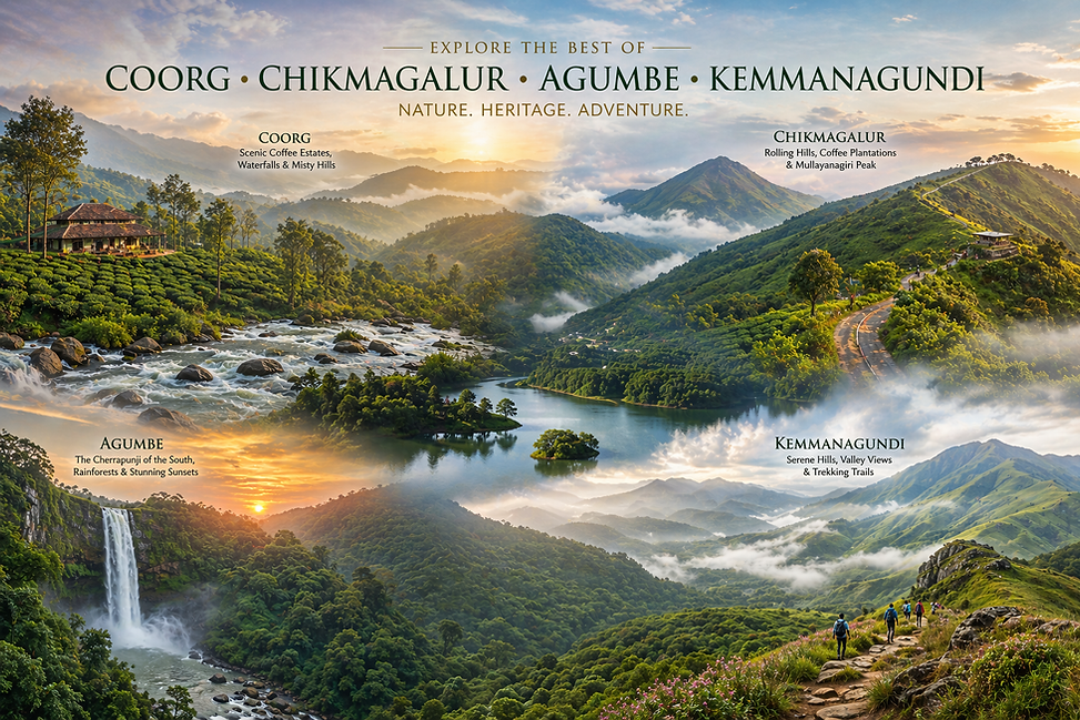 Coorg Chikmagalur Agumbe Kemmanagundi travel poster with hills waterfalls plantations and scenic Western Ghats landscapes
