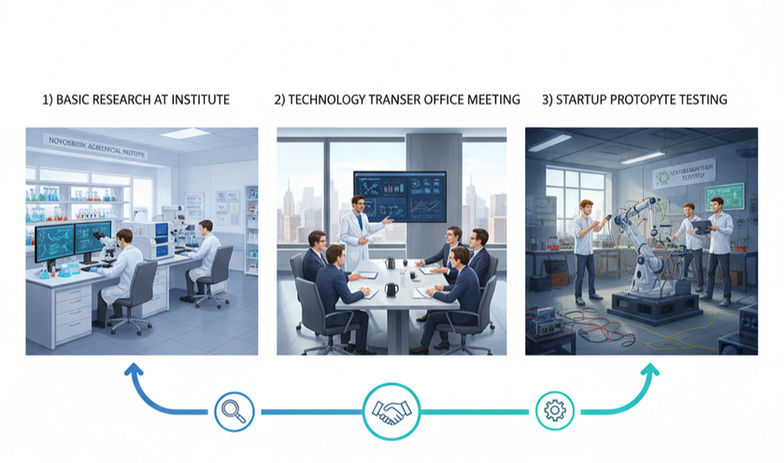 Three-panel sequence: 1) Basic research at institute 2) Technology transfer office meeting 3) Startup prototype testing - showing science commercialization pipeline in Novosibirsk, connected by innovation pathway graphic