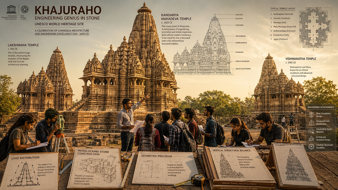 Students studying the engineering and structural design of Kandariya Mahadeva Temple, Lakshmana Temple and Vishwanatha Temple in Khajuraho during an educational learning experience focused on architecture and ancient engineering.