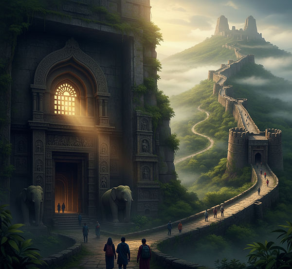 A merged artistic scene showing the Karla Caves' grand Chaitya hall entrance in the foreground, the long winding spine of Lohagad Fort in the midground, and the distant, misty peaks of Rajmachi Fort in the background at sunrise.