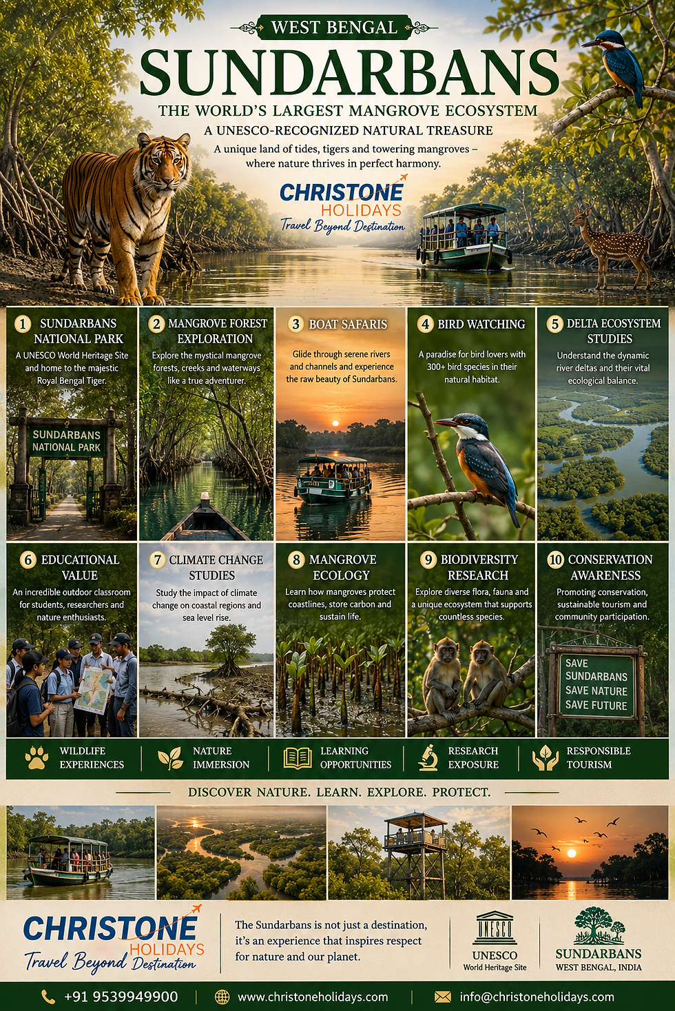 Travel collage of the Sundarbans featuring Royal Bengal Tiger, mangrove forests, boat safaris, bird watching, delta ecosystem studies, biodiversity research, and conservation awareness programs.