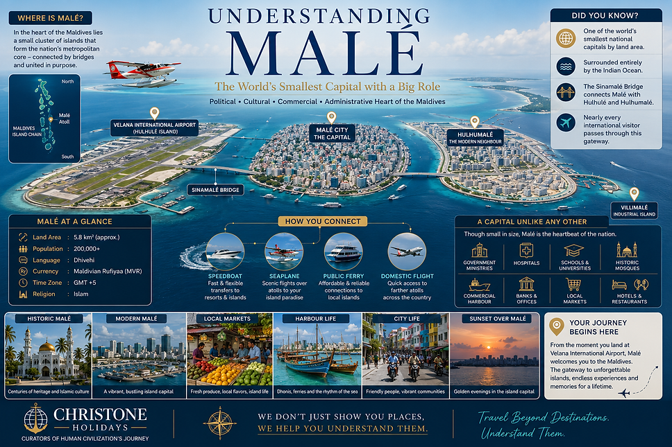 Infographic explaining Malé, the capital city of the Maldives, featuring Velana International Airport, Hulhumalé, the Sinamalé Bridge, transport connections, key landmarks, local markets, historic mosques, and Christone Holidays branding.
