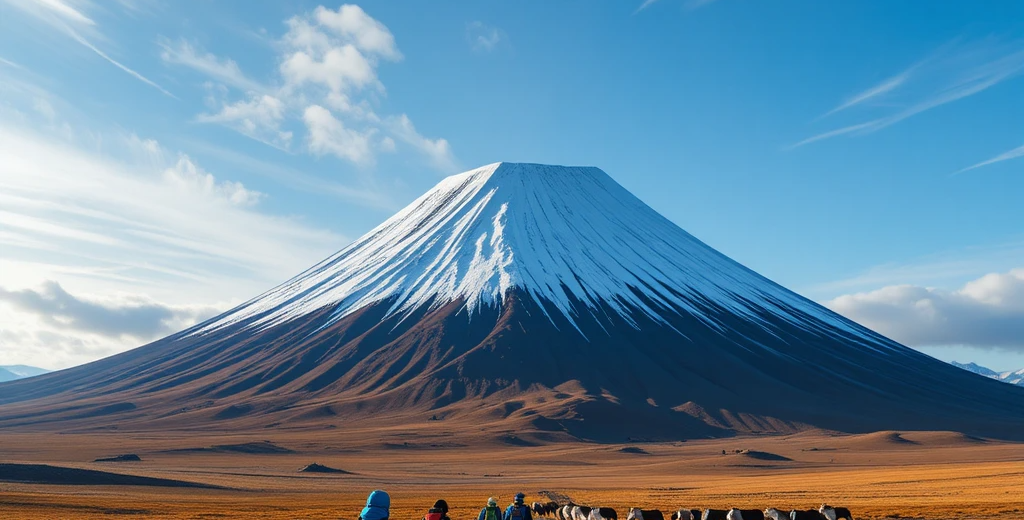 Extinct Anyuisky volcano cone rising from Chukotka tundra with hikers approaching, reindeer herd grazing, and brilliant blue Arctic sky.