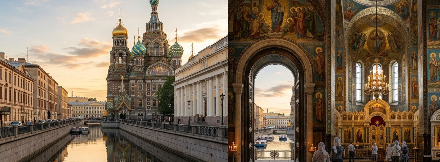 Church of the Savior on Spilled Blood interior mosaics and exterior colorful domes in Saint Petersburg Russia.