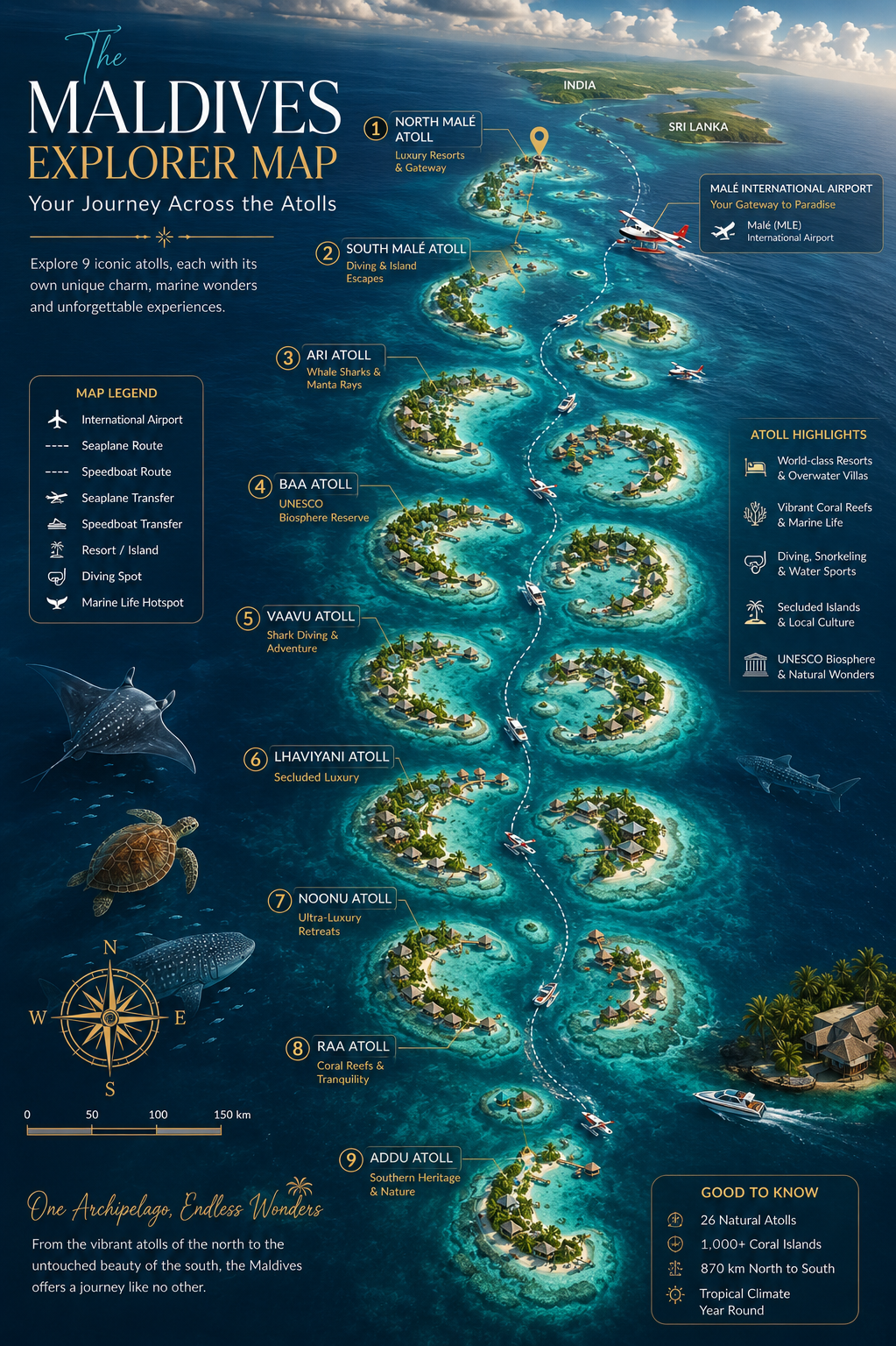 3D explorer map of the Maldives highlighting the iconic atolls, Velana International Airport, seaplane routes, coral reefs, turquoise lagoons, and island travel experiences.