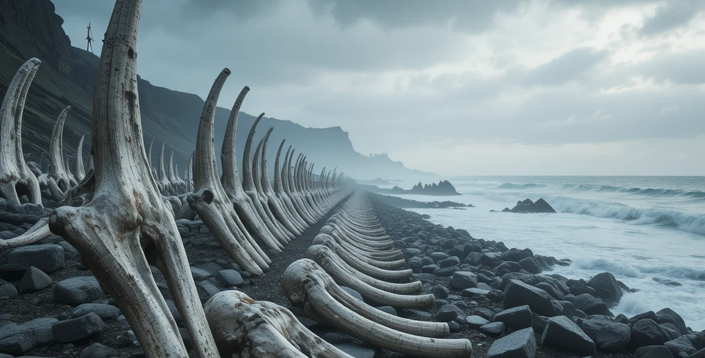Ancient whale bone sanctuary on Yttygran Island with rows of bowhead whale skulls and jawbones standing against stormy Bering Sea coast, shrouded in mist.