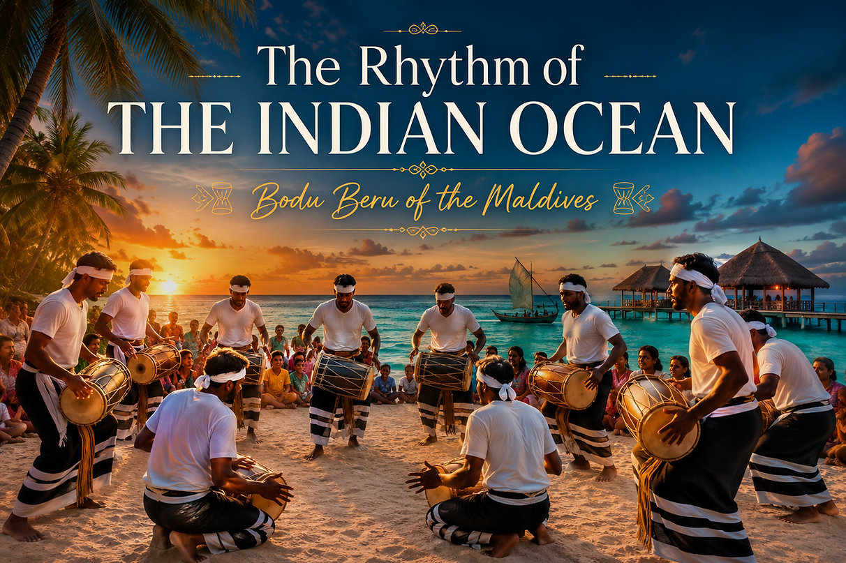 Traditional Bodu Beru drummers performing on a Maldivian beach at sunset, showcasing the cultural heartbeat of the Maldives through music, dance, and the Christone Holidays Destination Blueprint™.