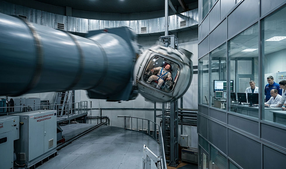 Astronaut centrifuge training showing G-force simulation inside rotating capsule