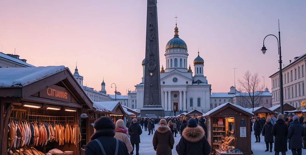 Salekhard's central square with Arctic Circle monument, Church of St. Peter and Paul, and Nenets traders selling furs and crafts at outdoor market under twilight sky.