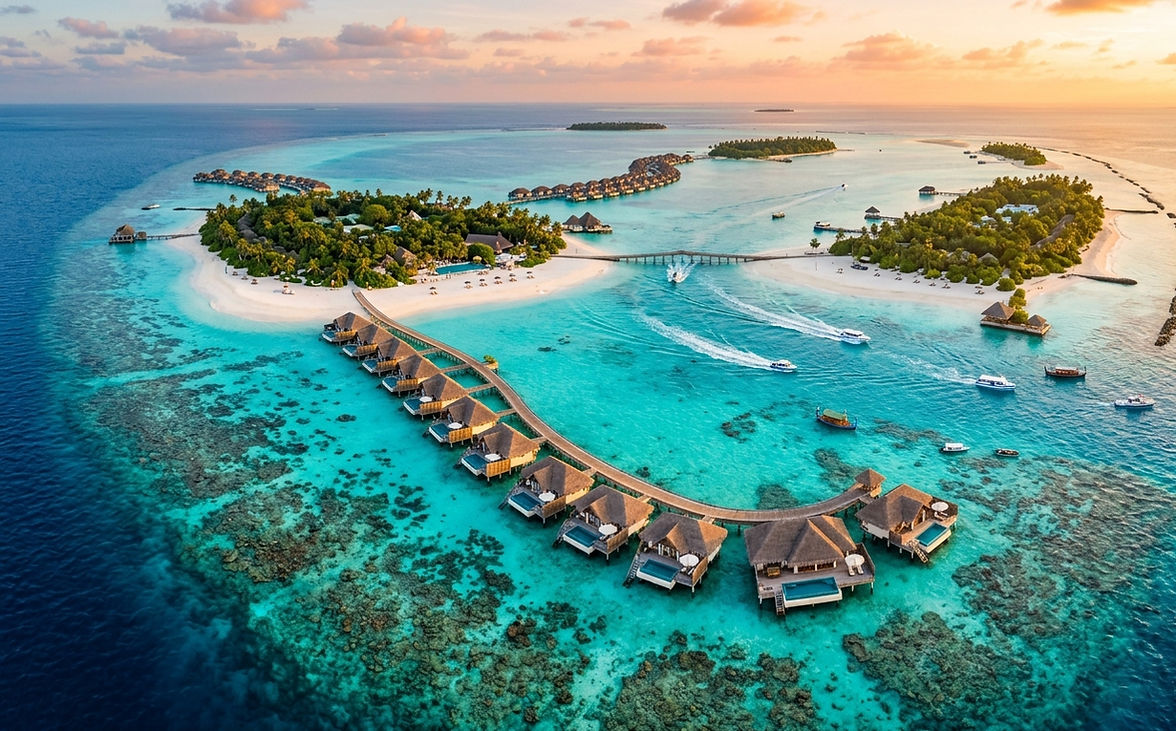 North Malé Atoll in the Maldives featuring luxury overwater villas, turquoise lagoons, and premium island resorts.