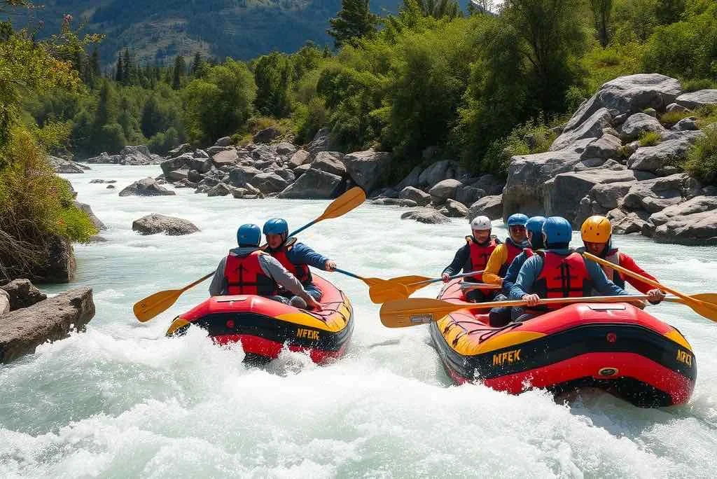 Whitewater rafting adventure in Kullu, Himachal Pradesh, as thrill-seekers navigate the roaring rapids of the Beas River. This action-packed image captures an inflatable raft bouncing through Class II-IV rapids like 'The Wall' and 'Roller Coaster,' with passengers paddling in sync against a backdrop of steep Himalayan gorges and dense pine forests. Christone Holidays offers professionally guided rafting tours from Pirdi to Jhiri (14 km stretch), complete with safety gear, trained instructors, and riverside photography stops. Summer months (May-June) bring perfect water levels, while post-monsoon (September) offers challenging currents. The scene showcases adrenaline-pumping teamwork, splashing waves, and stunning views of traditional Himachali villages along the banks – an unforgettable experience for adventure groups, corporate offsites, and solo travelers alike.