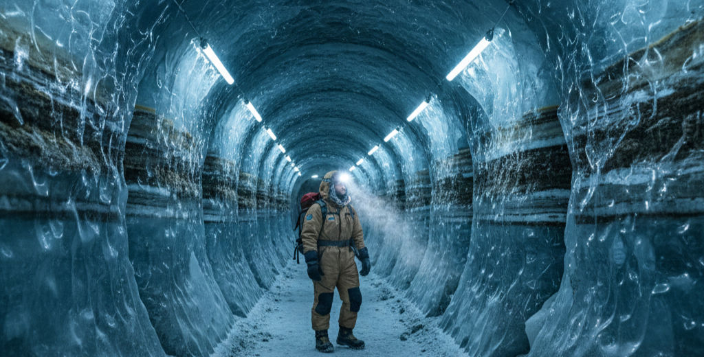 Environmental portrait, cool tones. A small figure in winter gear walks down a narrow, artificially lit tunnel carved into the permafrost. The walls are a mosaic of pure ice, frozen soil, and ancient sediment, glistening under the lights. Sense of scientific exploration and eerie, beautiful subsurface world.