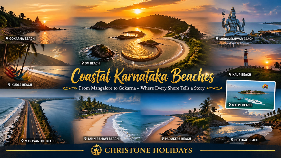 Coastal Karnataka beaches collage featuring Om Beach Gokarna, Murudeshwar Beach, Malpe Beach Udupi, Maravanthe Beach and Tannirbhavi Beach