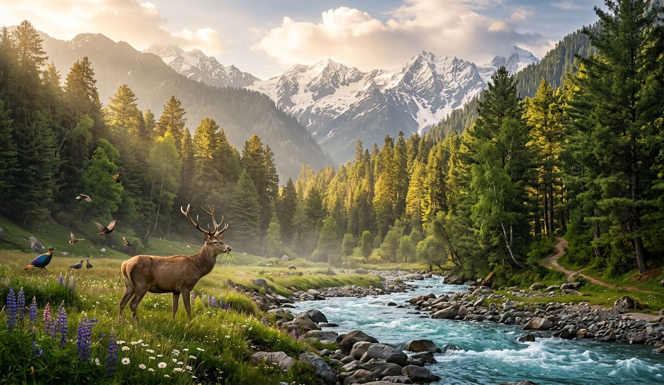 Dachigam National Park in Kashmir with Himalayan forests and Hangul deer