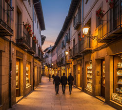 Medieval Streets of Segovia (Cobbled medieval streets of Segovia with historic buildings and warm li