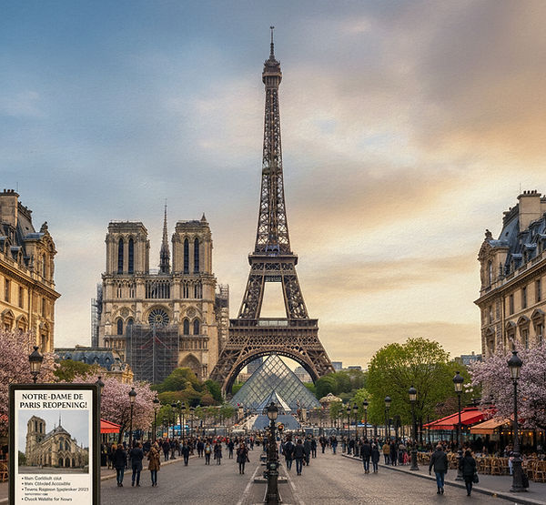A merged image of Paris landmarks, featuring the Eiffel Tower centered on a wide boulevard, with the Notre-Dame Cathedral and the Louvre Pyramid visible.