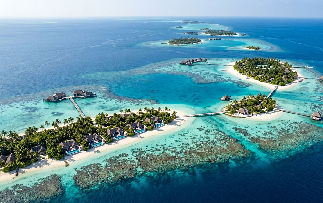 Raa Atoll with colorful coral reefs, tropical islands, marine life, and peaceful turquoise waters.