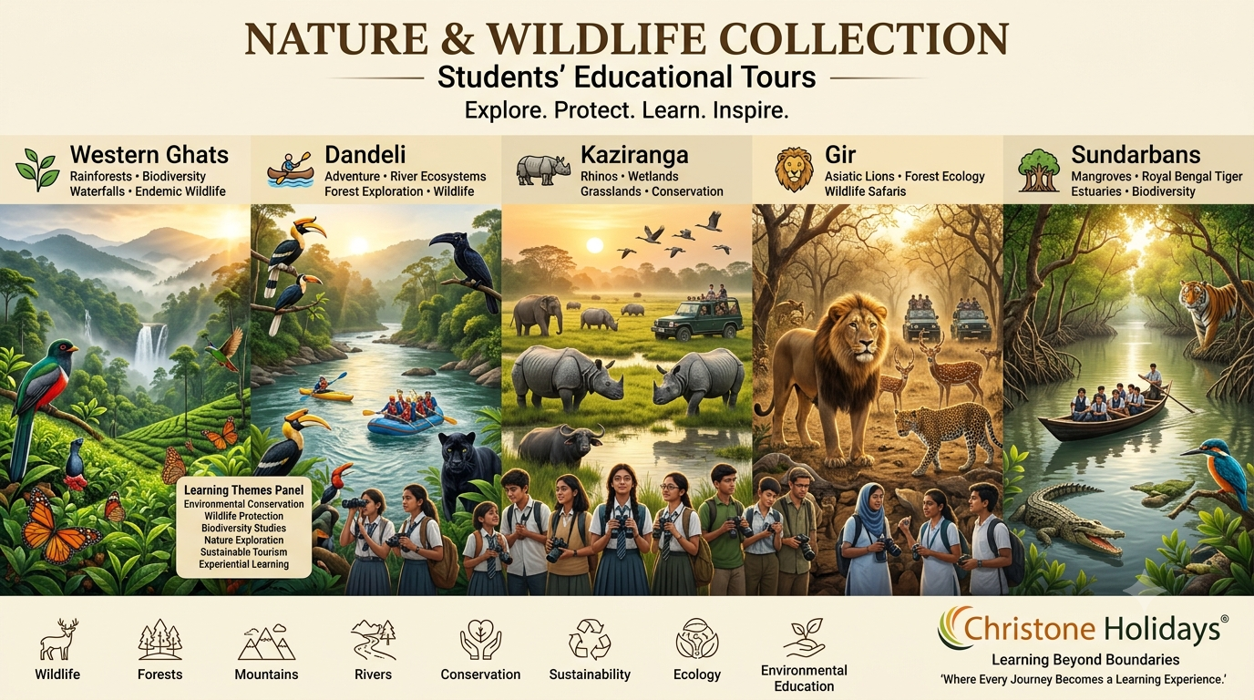 Students exploring India's rich biodiversity with Christone Holidays through the Nature & Wildlife Collection, featuring the Western Ghats, Dandeli, Kaziranga, Gir National Park, and the Sundarbans as part of experiential educational tours.