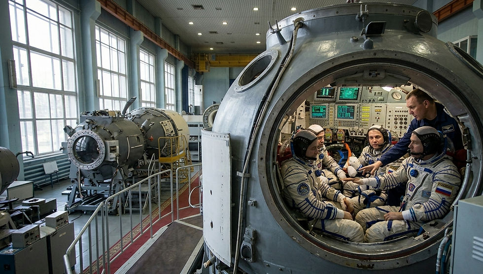 Students using cosmonaut training simulators with Soyuz spacecraft cockpit controls