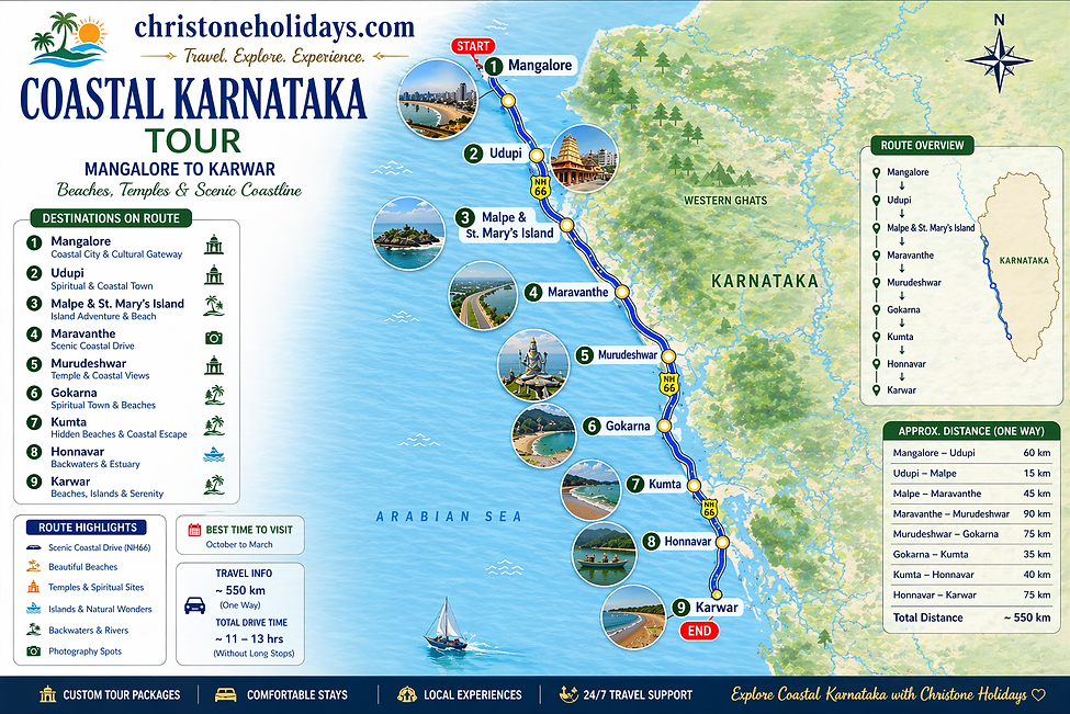 Coastal Karnataka route map from Mangalore to Karwar via Udupi, Murudeshwar and Gokarna with travel highlights
