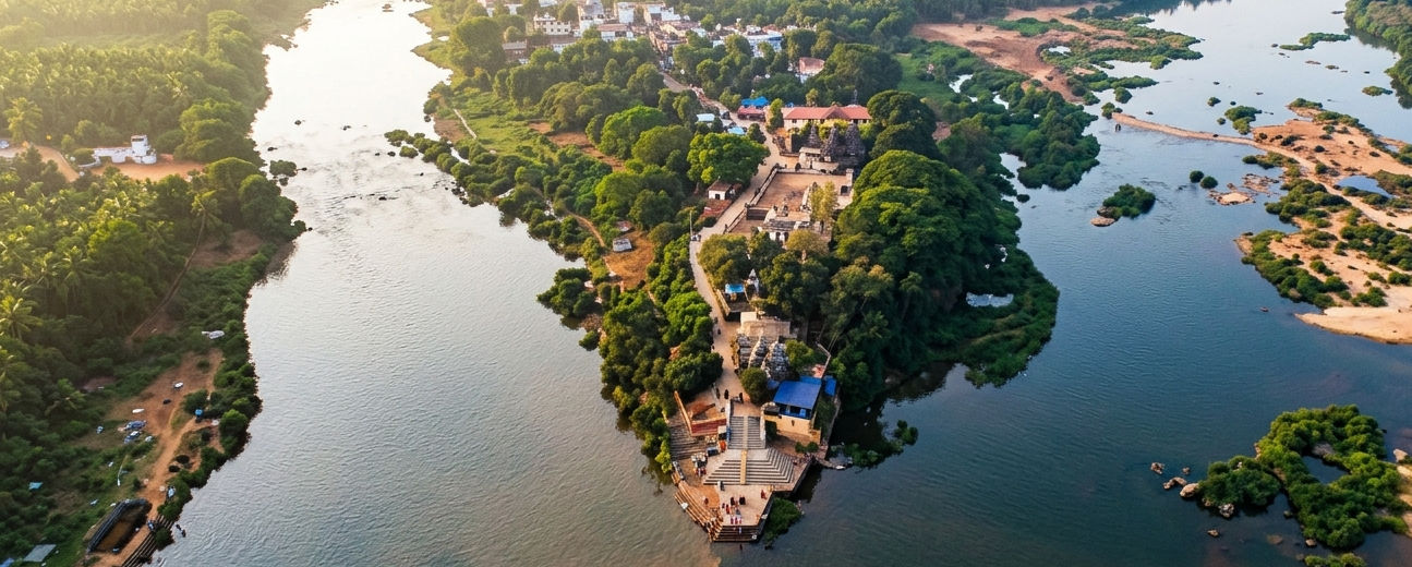 River confluence at Koodli in Shivamogga with temple view