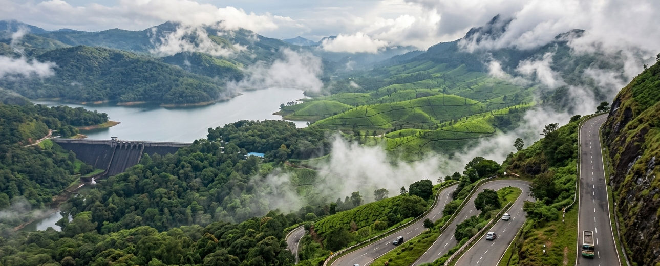 Valparai hairpin bends, tea plantations and Sholayar forest route in Western Ghats