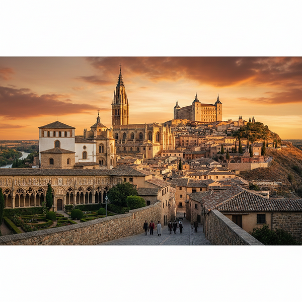 Cinematic collage of Toledo Cathedral, Alcázar, Santa María la Blanca and San Juan de los Reyes at sunset
