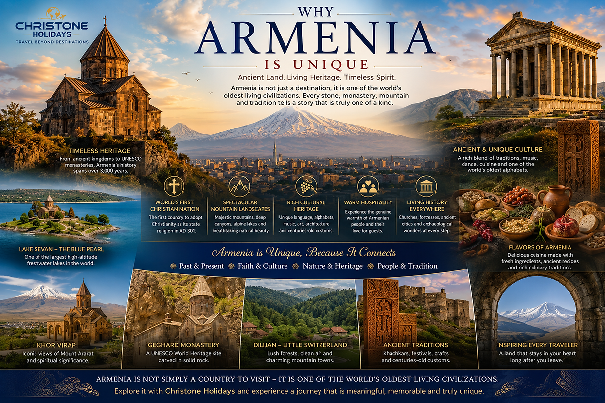Why Armenia is Unique infographic featuring Mount Ararat, Yerevan, Geghard Monastery, Garni Temple, Lake Sevan, Khor Virap, Dilijan National Park, Armenian cuisine, ancient heritage, and Christone Holidays.