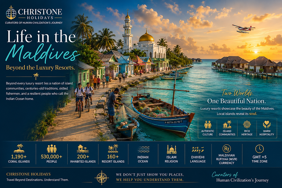 Hero banner showcasing authentic life in the Maldives with colorful island homes, a traditional mosque, dhoni fishing boats, palm-lined streets, local communities, and key facts about the island nation beyond its luxury resorts.