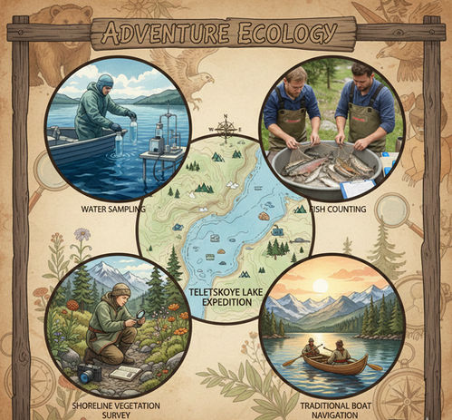 Composite showing multiple research activities during Christone Teletskoye Lake expedition