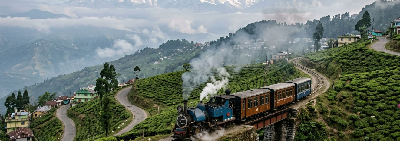 Darjeeling Himalayan Railway toy train travelling through the Eastern Himalayas.