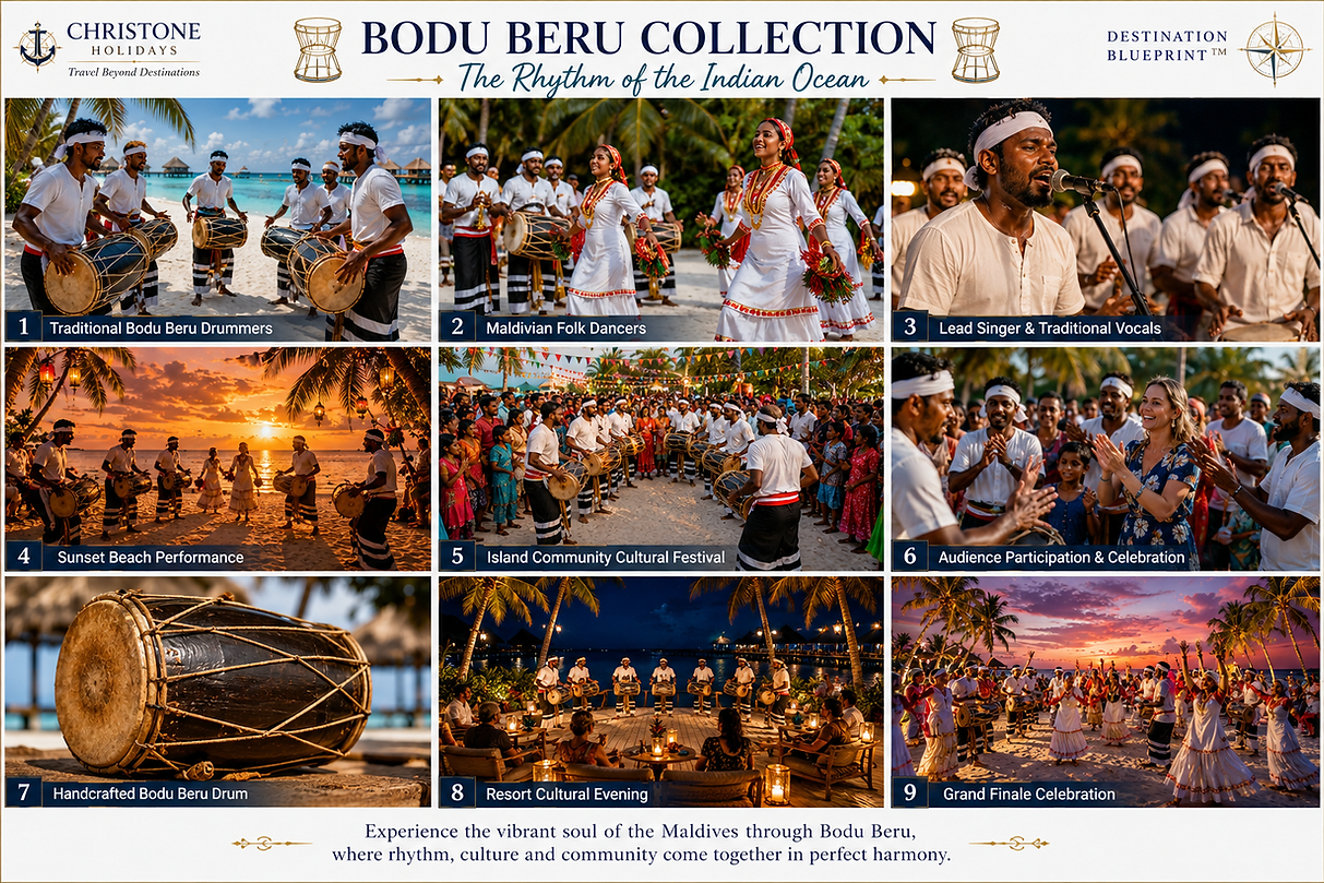 Bodu Beru Collection featuring traditional Maldivian drummers, folk dancers, handcrafted drums, cultural festivals, sunset performances, community celebrations, and authentic island heritage in the Maldives.