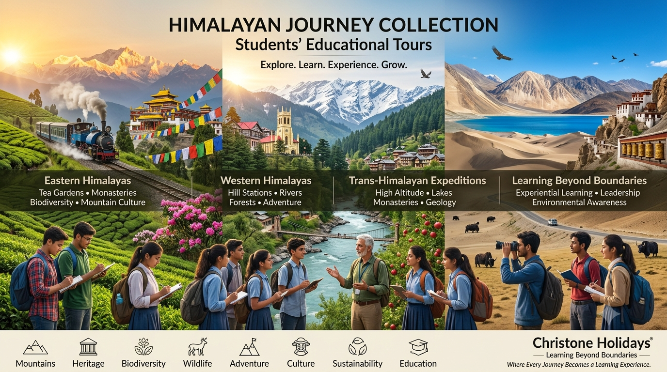 Students exploring the Indian Himalayas with Christone Holidays through the Himalayan Journey Collection, featuring the Eastern Himalayas, Western Himalayas, and Trans-Himalayan educational expeditions.