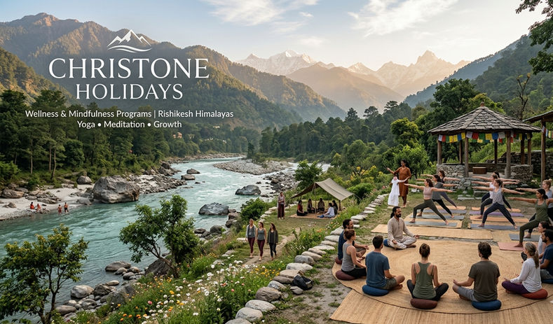 Students participating in yoga, meditation, and mindfulness learning programs beside Himalayan rivers in Rishikesh Uttarakhand.