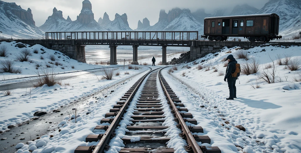 Abandoned Soviet railway deep in remote Putorana Plateau with rusted tracks, old wooden bridge, ghostly railcar, and lone explorer under moody Arctic sky.