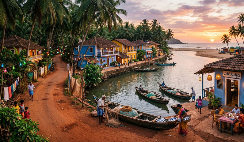 Traditional South Goa coastal village with Portuguese homes, fishing boats, coconut groves, riverside life, and authentic Goan culture