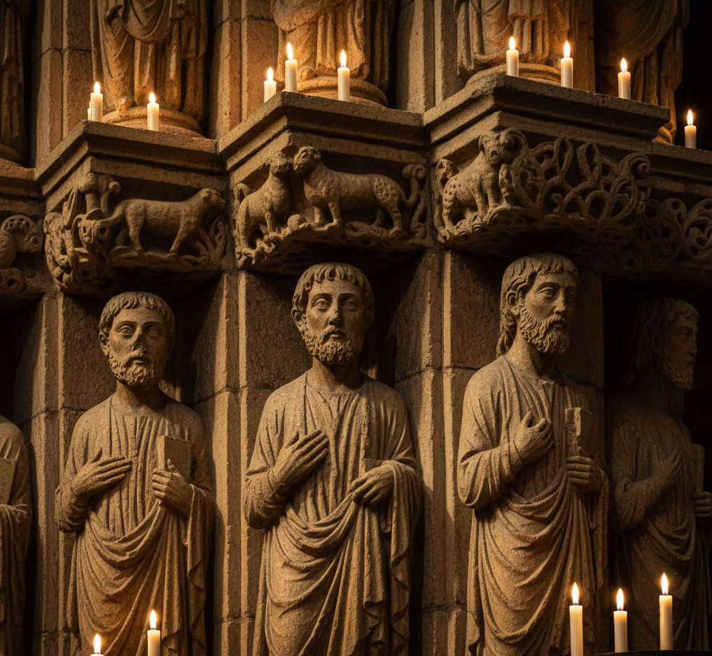 Romanesque stone carvings and sculpted apostles inside Santiago de Compostela Cathedral illuminated by warm candlelight