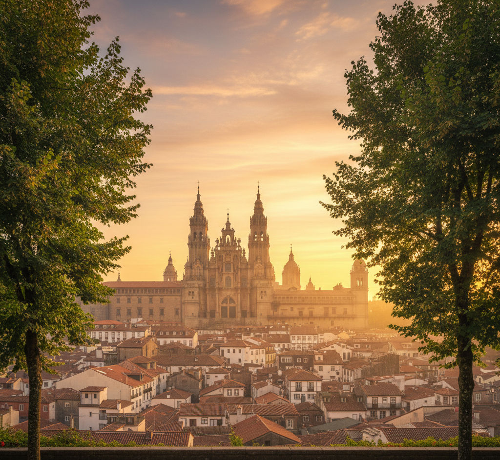 Panoramic view of Santiago Cathedral from Parque da Alameda at sunset