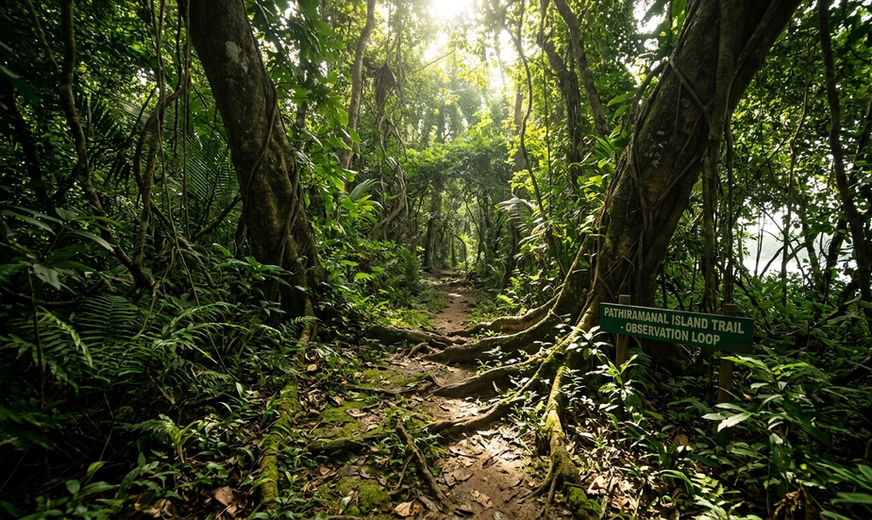 Walking trail inside Pathiramanal island with dense greenery
