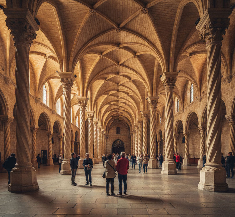 La Lonja de la Seda Gothic hall with twisted columns in Valencia