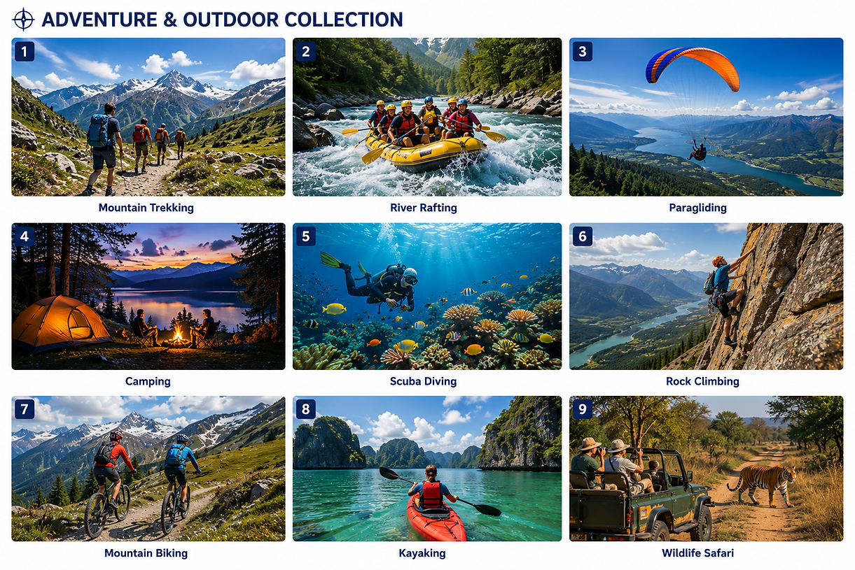 Adventure Collection showcasing exciting water sports in the Maldives, including parasailing, kayaking, paddleboarding, jet skiing, flyboarding, wakeboarding, windsurfing, and surfing across crystal-clear lagoons and the Indian Ocean.